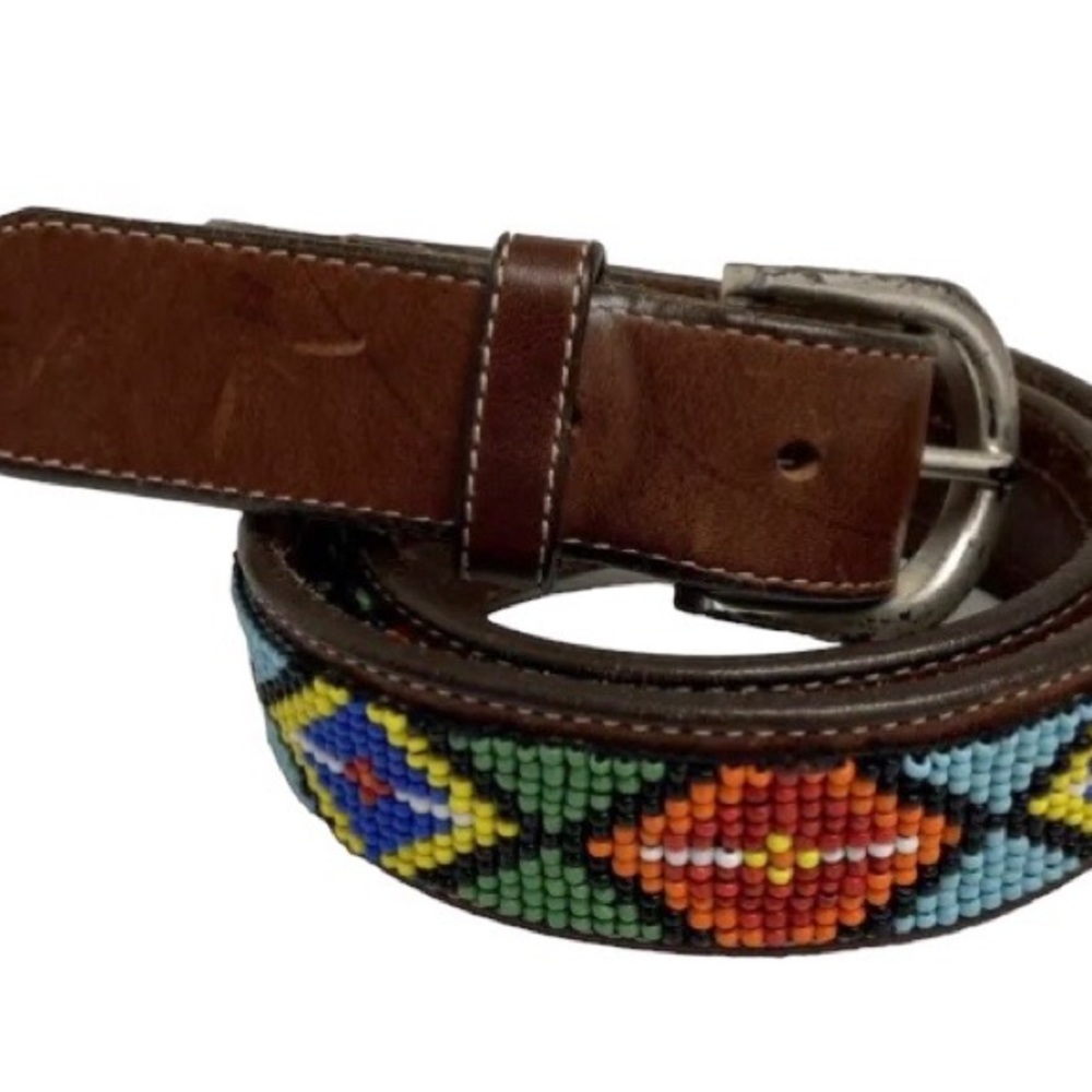 GAP Brown Leather Belt with Multicolor Beadwork